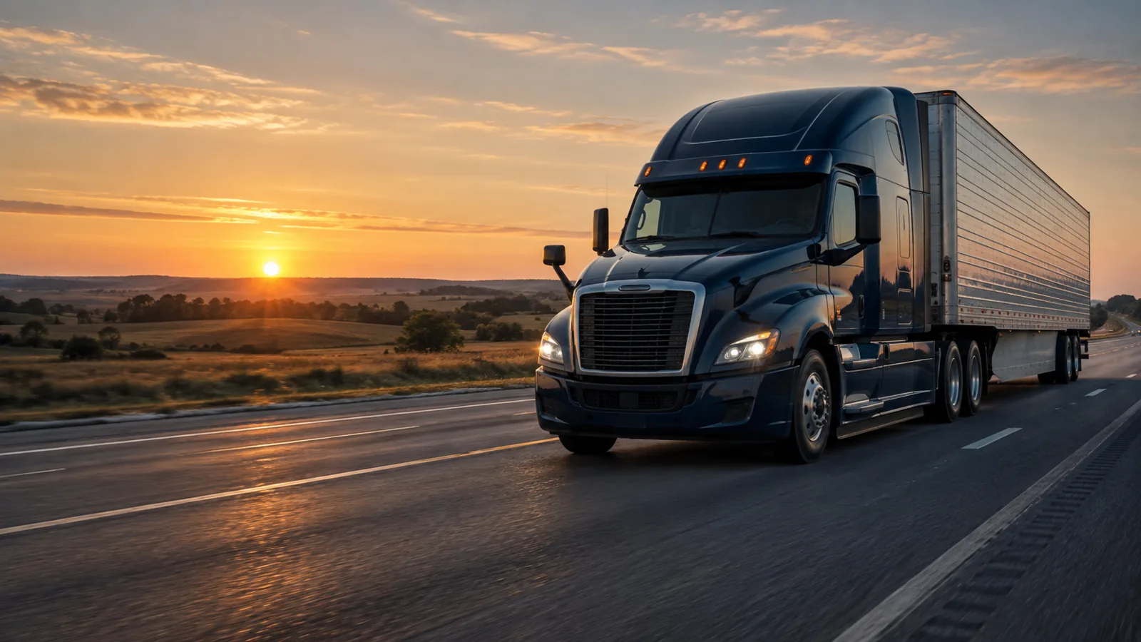 Semi truck traveling on an open highway at sunrise